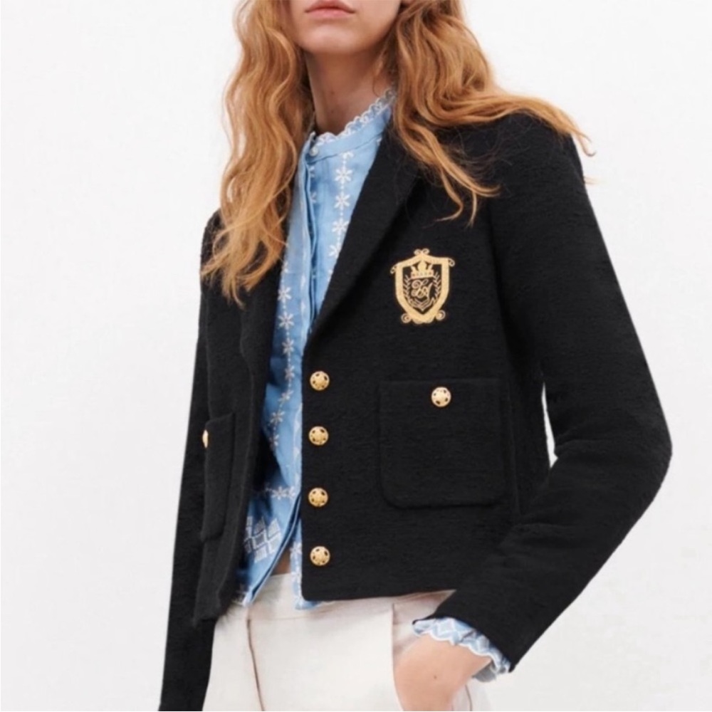 “ZARA” Cropped Tweed Emblem Patch Blazer Jacket